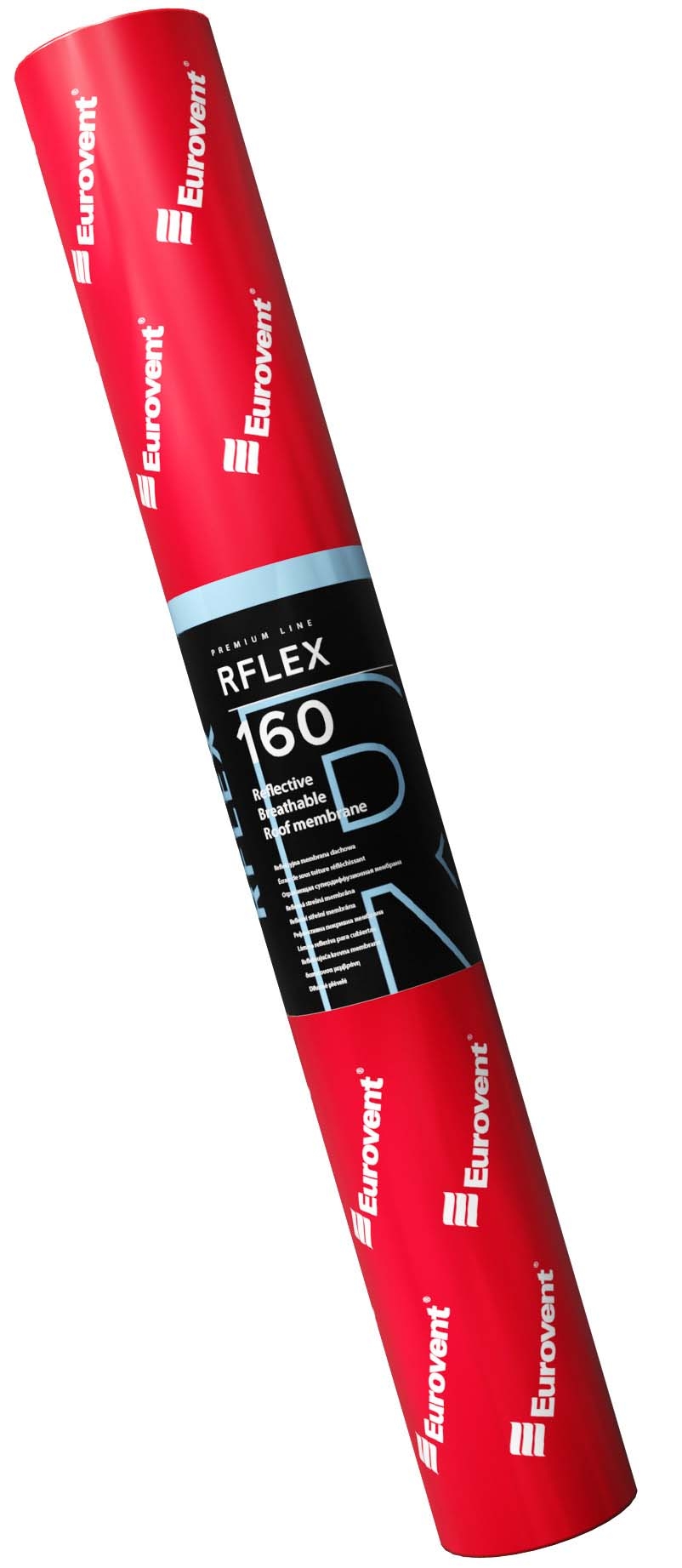 Rolka membrany RFLEX zawinięta w folie opakowaniowa koloru czerwonego z etykietą firmy Eurovent