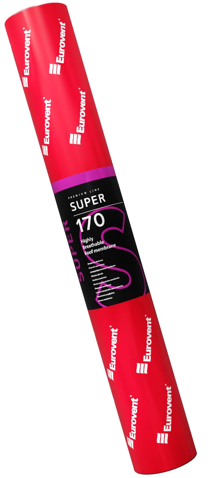 Rolka membrany SUPER owinięta w folie koloru czerwonego z etykietą firmy Eurovent