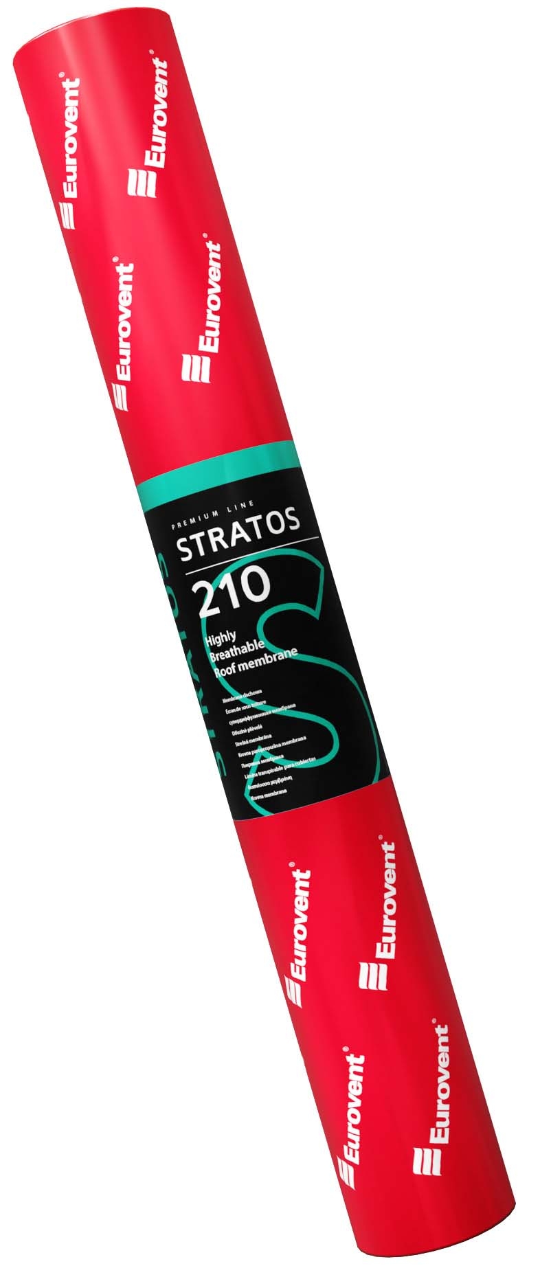 Rolka membrany STRATOS zawinięta w folie opakowaniowa koloru czerwonego z etykietą firmy Eurovent