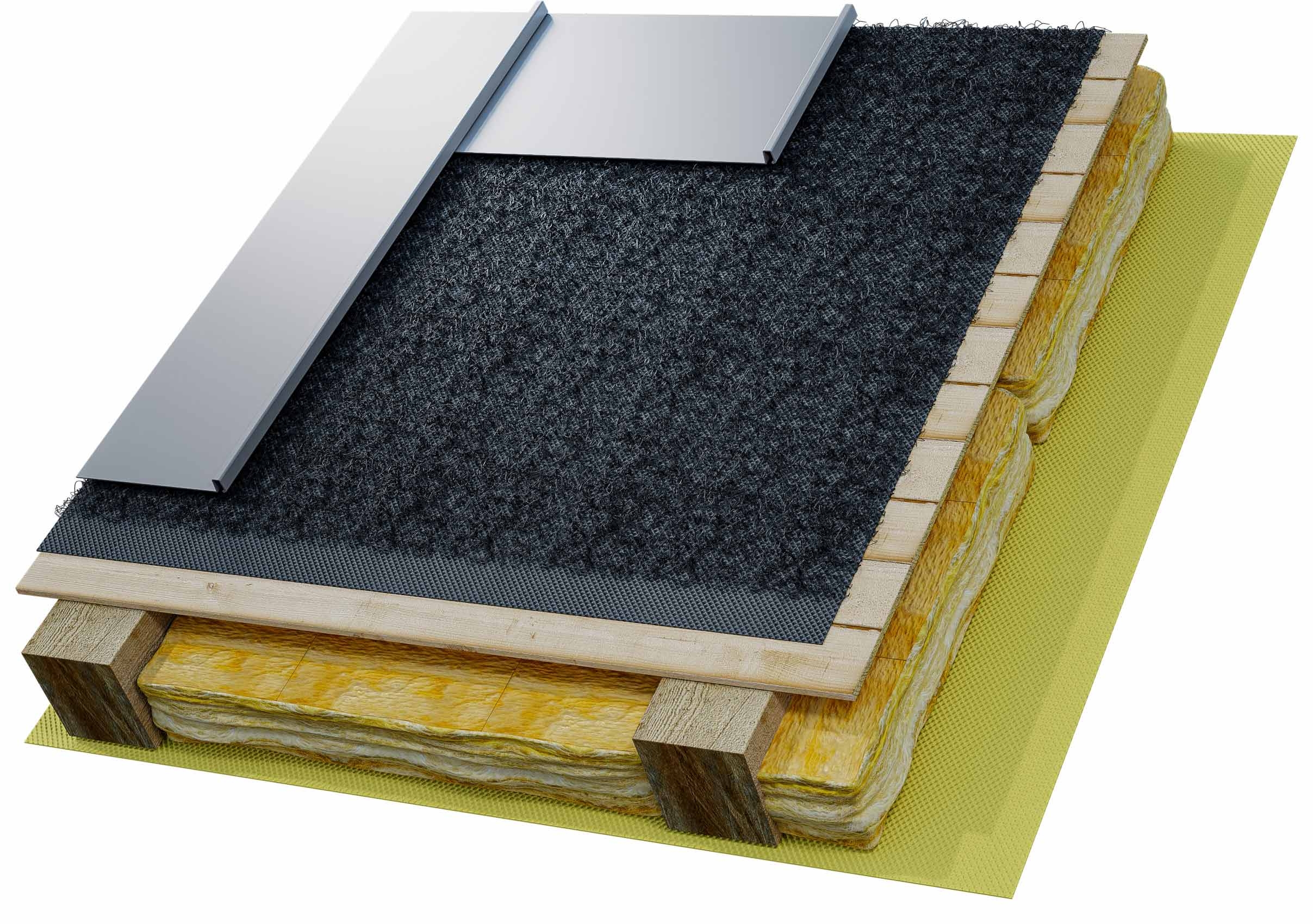 Wizualizacja daszku z membraną METALLIC i warstwami dachu 